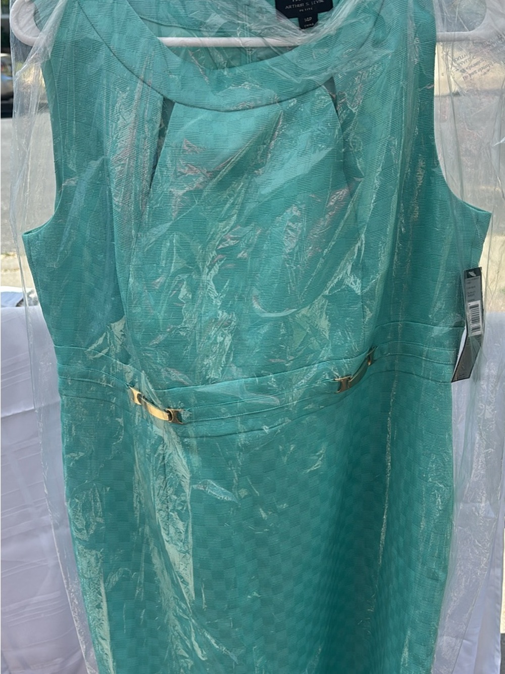 TAHARI Teal Textured Sheath Dress with Gold Buckle Trim